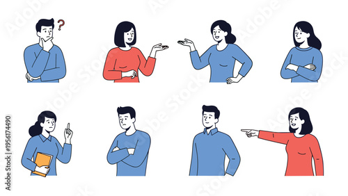Collection of eight diverse people in various expressive poses including thinking, pointing, and shrugging in simple colors.