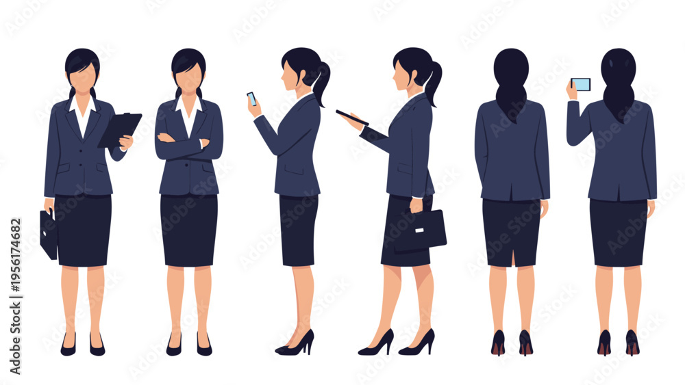 Obraz premium Professional businesswoman shown from multiple angles including front and back views for various corporate use cases.