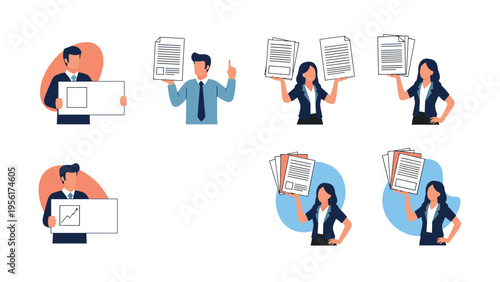 Set of business people characters in various poses holding different signs and reports for professional data presentation.