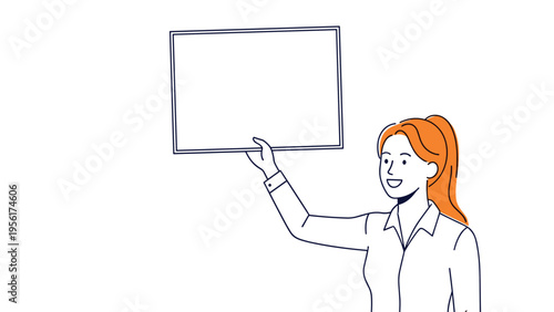 Smiling young woman in office attire holding up a blank rectangular frame above her head for custom message placement.