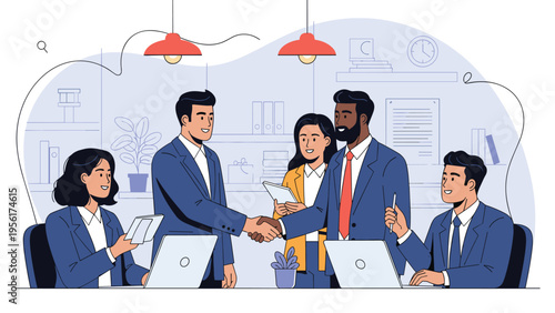 Group of business professionals engaged in a successful meeting with a firm handshake in a modern office environment.