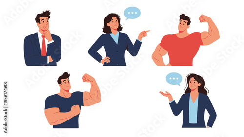 Collection of different people expressing various emotions and actions like thinking and showing strength for concepts.