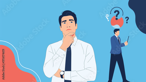 Businessman thinking deeply with his hand on his chin while a smaller figure uses a tablet in the background scene.