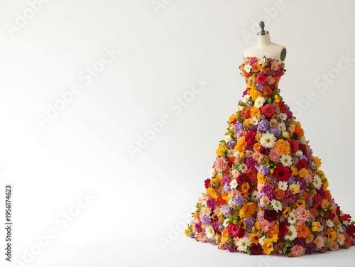 Fashion mannequin wearing a stunning gown made entirely of colorful summer flowers. Bold spring and Easter 2026 floral fashion art concept with copy space for creative campaigns.