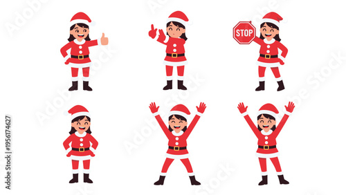 Cheerful young girl wearing a Santa Claus costume shown in multiple fun poses and expressions for festive celebrations.