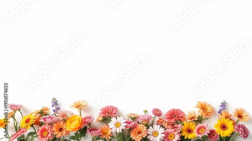 Vibrant gerbera, daisy and rose flowers lining the bottom edge on clean white background. Fresh spring and Easter 2026 floral banner with large copy space for any design.