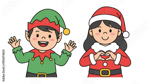 Festive boy in an elf costume and girl in a Santa dress posing together while making a heart shape with their hands.