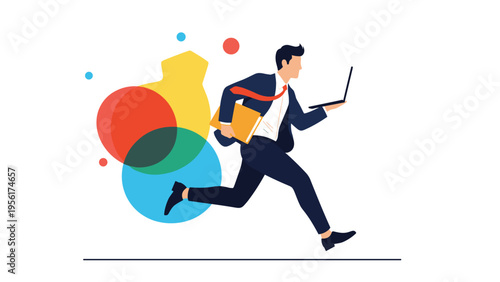 Dynamic businessman running quickly while holding a laptop and folder against a background of creative abstract shapes.
