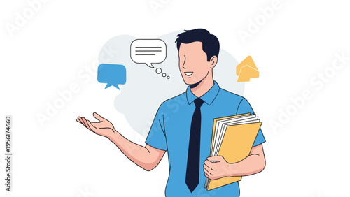 Confident businessman holding a folder and gesturing while explaining ideas against a background with speech bubbles.