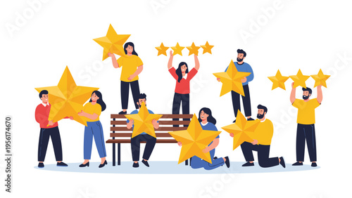 Large group of diverse people holding up various gold star ratings to represent different levels of customer feedback.