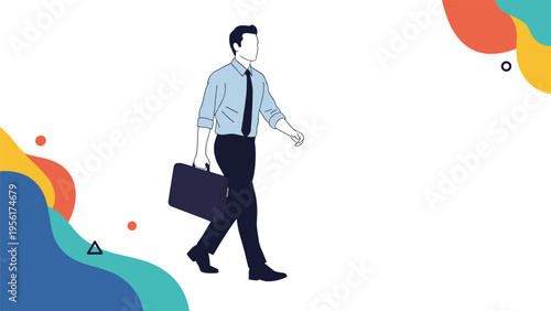 Businessman in professional attire walking with a briefcase against a clean background with colorful abstract elements.
