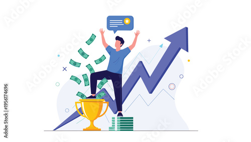 Successful man celebrating on top of a giant trophy and money stacks while a growth arrow moves upward in the background.