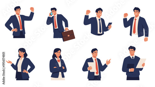 Business professionals in formal wear shown in multiple actions like calling on phone, celebrating success, and presenting files.