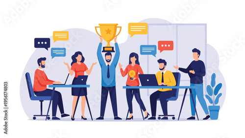 Collaborative office team celebrates achievement with giant gold trophy while coworkers work on laptops and discuss projects together.