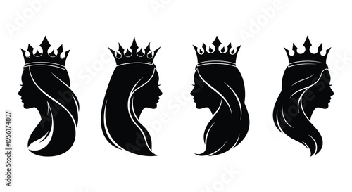 Four black silhouettes of women with long hair and crowns