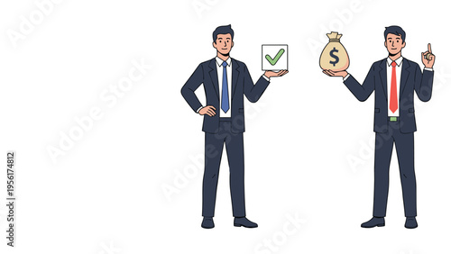 Two businessmen represent success and financial gain by holding a green checkmark symbol and a large bag of money.