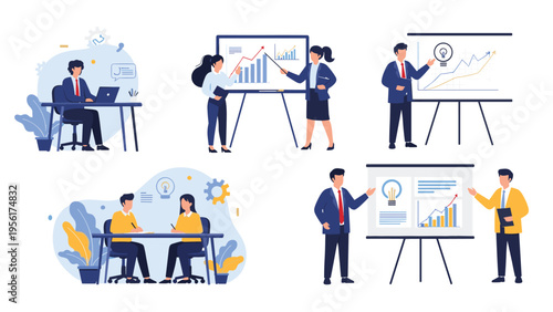 Collection of various business scenarios including individual desk work, team presentations on whiteboards, and collaborative meetings.