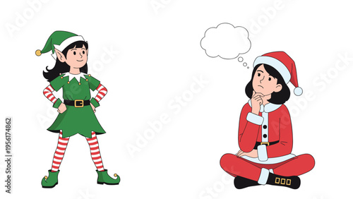 Festive scene featuring one girl dressed as a green Christmas elf and another in a red Santa outfit sitting and thinking.