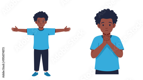 Young boy with curly hair expresses sadness and plea through various body language like open arms and folded hands.