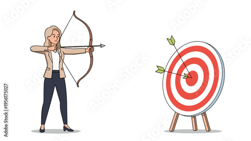Confident businesswoman in a professional suit aims a bow and arrow to successfully hit the center of a target board.