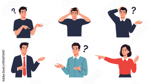 Collection of various people in casual and professional attire expressing confusion and doubt with floating question marks.