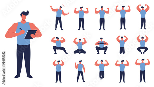 Muscular fitness trainer or athlete demonstrated in a series of gym exercise poses and workout routines with a clipboard.