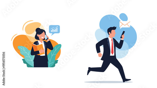 Busy business professionals multitasking by handling phone calls, reading books, and running to meetings with email notifications.