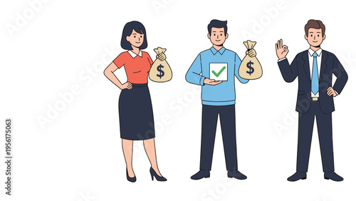 Team of business professionals celebrates financial success by holding money bags and displaying a green checkmark of approval.