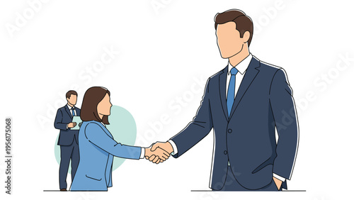 Professional businessman and businesswoman shake hands to seal a deal while another colleague waits in the background.