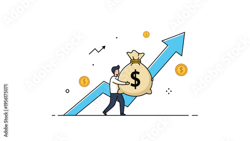 Determined businessman carries a heavy bag of money while walking along an upward trending blue arrow to symbolize profit.