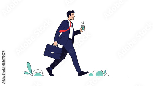 Happy businessman in suit and tie walks confidently while carrying a professional briefcase and a hot cup of coffee.