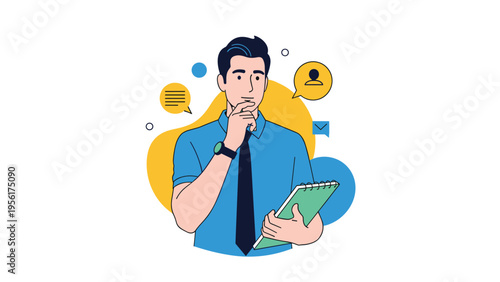 Focused businessman in blue shirt holds a notebook and thinks deeply while surrounded by communication and profile icons.