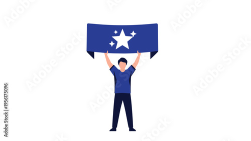 Enthusiastic young man holds up a large blue banner featuring white stars to celebrate a special event or achievement.