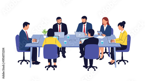 Group of business colleagues sitting around a conference table with laptops and documents during an important corporate team meeting.