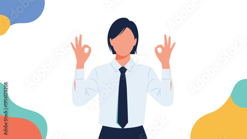 Professional woman in a white shirt and tie making okay hand gestures with both hands for approval, success, and satisfaction.