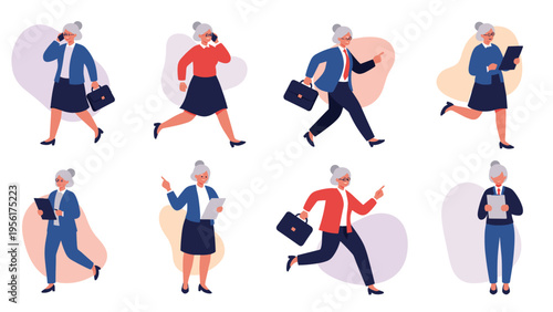 Senior businesswoman character set featuring different professional poses like running with a briefcase and talking on a mobile phone.