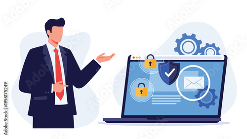 Businessman presenting a laptop with cybersecurity icons like locks and shields for data protection and secure online safety.
