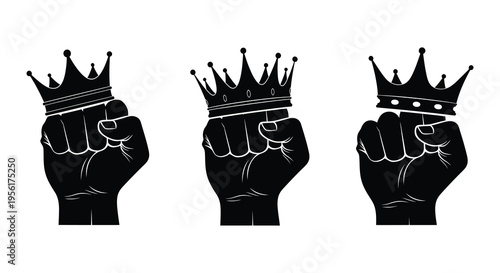 Three fists raised in solidarity each topped with a regal crown