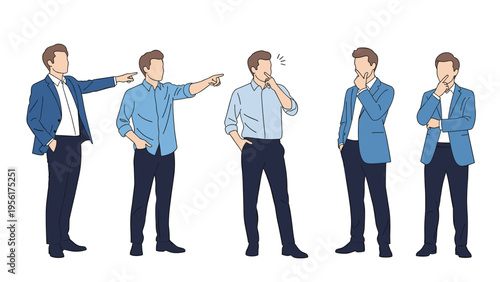 Collection of professional men in various thinking and gesturing poses illustrating decision-making and project management.
