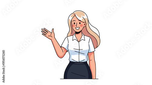 Friendly blonde businesswoman in a white shirt waving her hand in a welcoming greeting or saying goodbye with a happy smile.