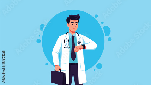 Professional doctor in a white coat checking his watch against a decorative blue circle background for time management.