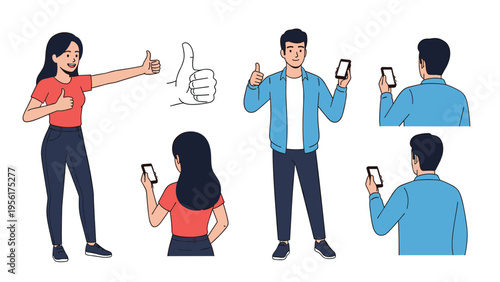 Diverse group of people giving thumbs up and using smartphones for social interaction and digital communication on white.