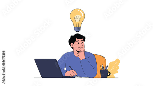 Creative man working at a laptop with a bright lightbulb over his head symbolizing a new brilliant idea and inspiration.
