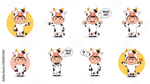 Adorable child in a spotted cow costume displays a variety of fun expressions and poses including pointing and questioning.