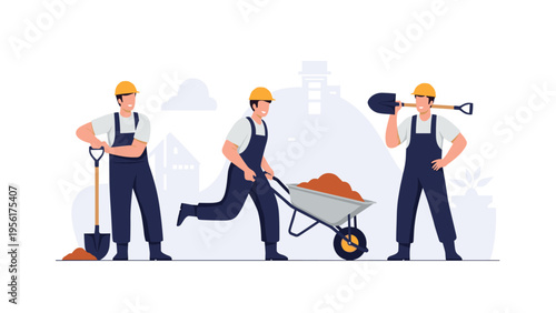 Three construction workers in blue overalls and yellow hard hats use shovels and a wheelbarrow at a building site.