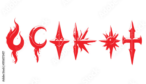 Mystical Symbolism: A collection of captivating crimson symbols, each representing a unique spiritual or esoteric concept. From the vibrant energy of fire to the celestial glow of a star.