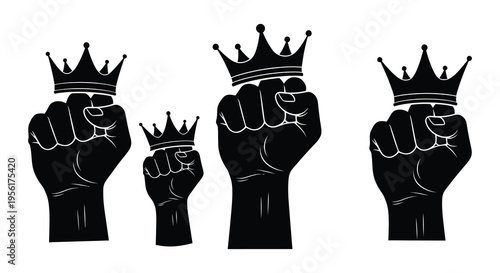 Three fists raised in solidarity each topped with a regal crown