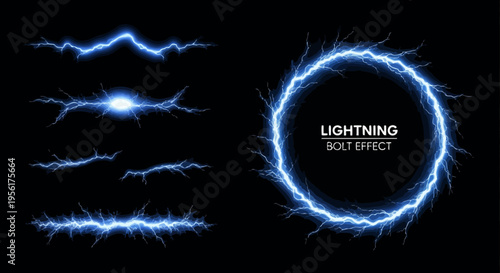Electric blue lightning bolt effects and oval frame on black background
