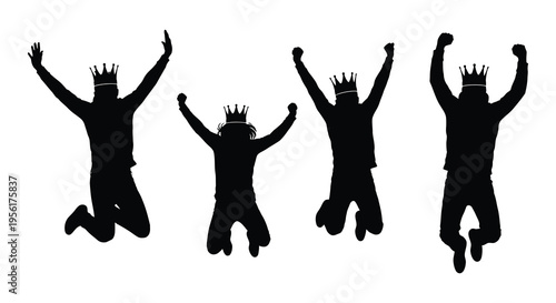 Silhouettes of four people jumping with crowns on their heads