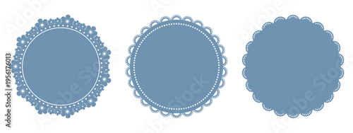 Blue decorative doily frames set. Round lace napkins with scalloped, floral cutout edges. Paper coaster patterns in varied styles. Vintage invitation, table decoration, cake backdrop. Vector.